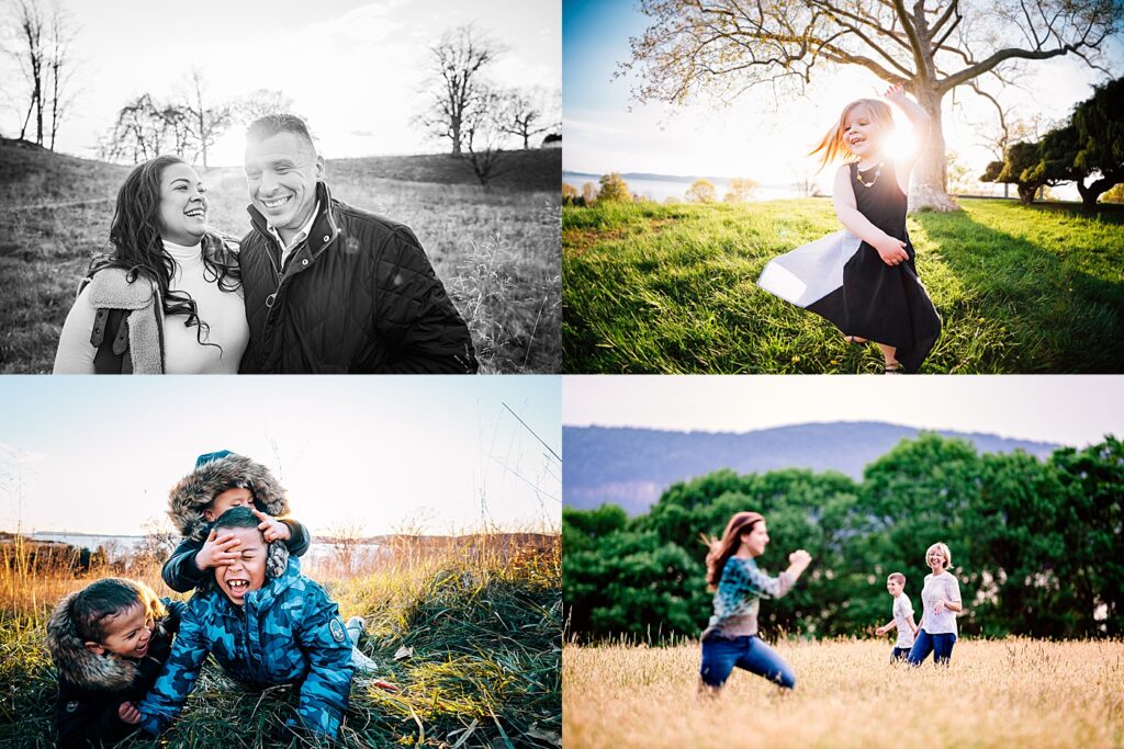 A collage of four images showing families laughing and playing in the fields of Rockwood Hall State Park in Sleepy Hollow, NY.