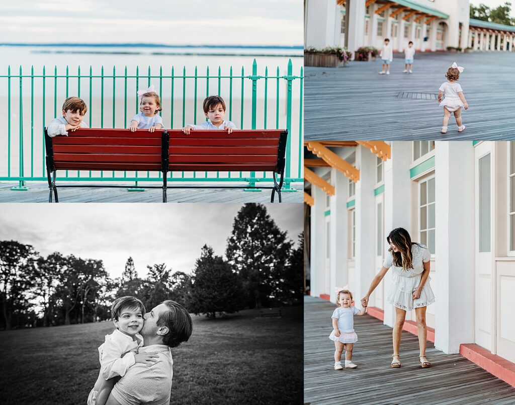 A collage of four images of one family playing at Rye Town park and walking along the boardwalk at Rye Town Beach. 