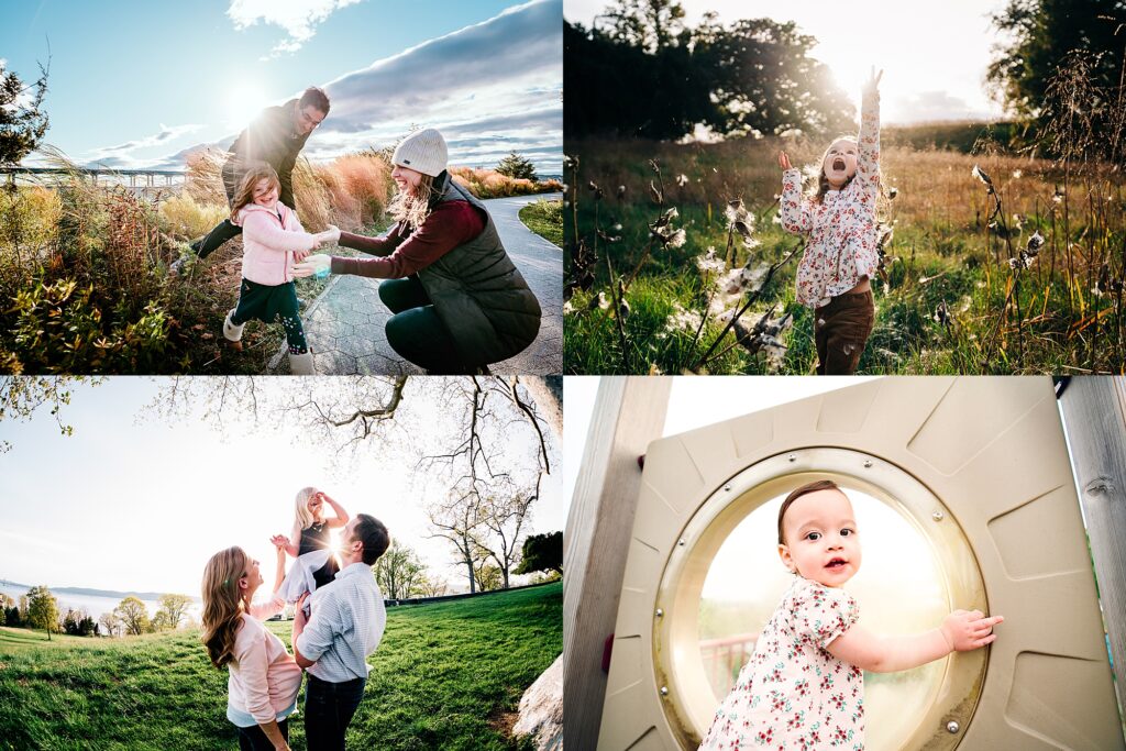 4 photographs showing children and families playing in fields in the late afternoon