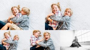 collage of photographs with a brother and sister wrestling on a bed