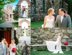 collage of seven images featuring a bride and groom near an old stone church