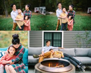 collage of four images of a mom, dad, young boy and little girl in their backyard