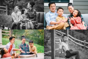 collage of four images of a mom, dad, young boy and little girl in their backyard