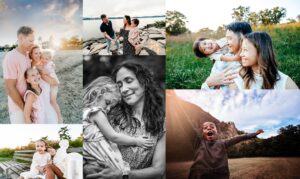 collage of 6 images showing parents and children playing together outdoors