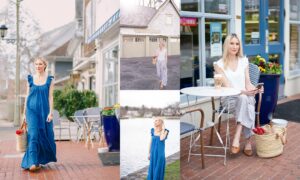 collage of 5 images with a middle aged woman in a blue dress, or white shirt and pants, walking near a small market on the waterfront