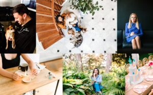 collage of 6 images for small brands including a portrait of a woman sitting amongst ferns