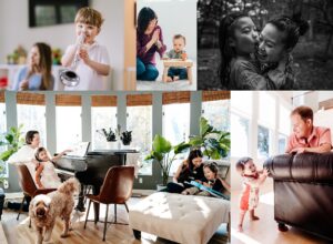 collage of 5 images showing parents and children playing together at home