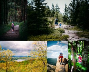 Family hiking scenic forest and mountain trails in the Hudson Valley during summer, including panoramic overlooks and wooded paths.