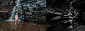 Two teenagers standing at the base of Kaaterskill Falls beside a black-and-white view of the cascading waterfall.