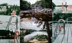 Families swimming, cliff jumping, and exploring waterfalls and scenic lake views at Minnewaska State Park Preserve in the Hudson Valley during summer.