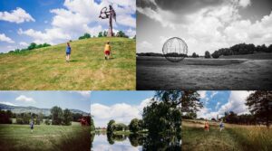 Children exploring large outdoor sculptures and scenic landscapes at Storm King Art Center in New Windsor, New York during a summer family visit.